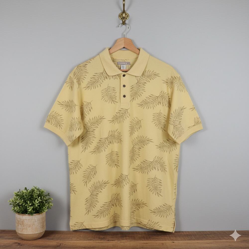 Fieldgear Men’s Large Yellow Leaf Print Ribbed Knit Polo Shirt